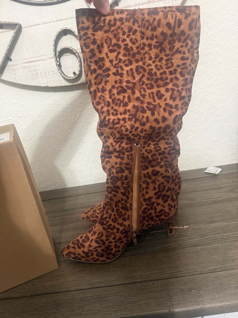 Sugar Karmar Wide Calf Leopard Print Pointed Toe Stiletto Heel Knee High Boots
